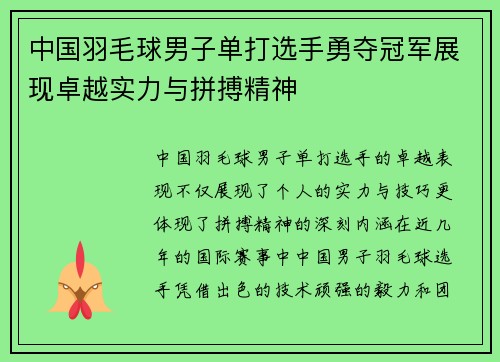 中国羽毛球男子单打选手勇夺冠军展现卓越实力与拼搏精神