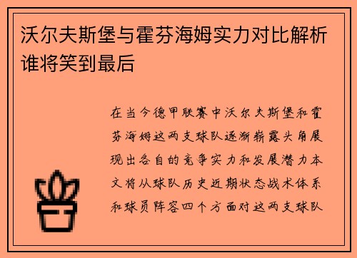 沃尔夫斯堡与霍芬海姆实力对比解析谁将笑到最后