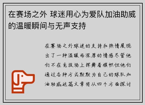 在赛场之外 球迷用心为爱队加油助威的温暖瞬间与无声支持