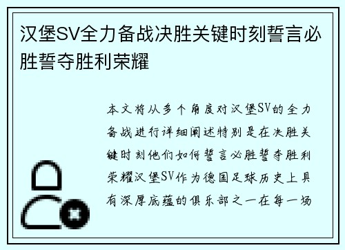 汉堡SV全力备战决胜关键时刻誓言必胜誓夺胜利荣耀