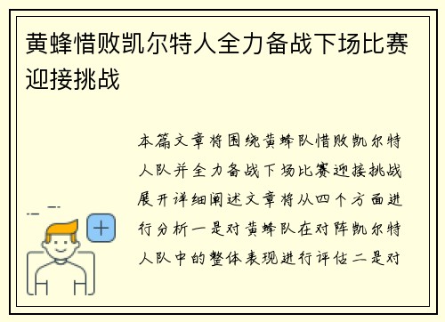 黄蜂惜败凯尔特人全力备战下场比赛迎接挑战