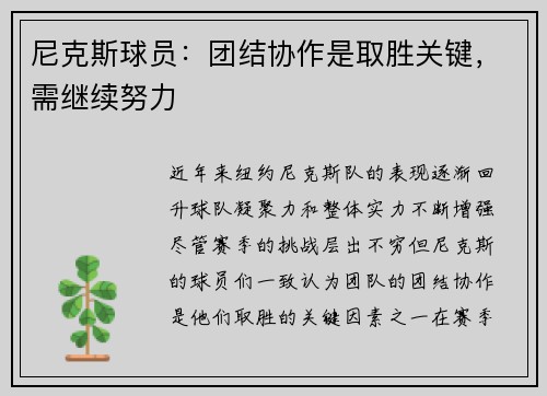 尼克斯球员：团结协作是取胜关键，需继续努力