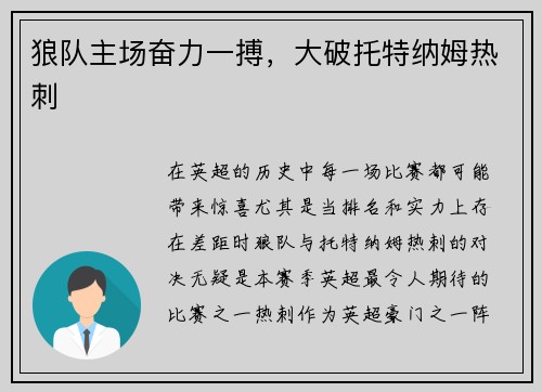 狼队主场奋力一搏，大破托特纳姆热刺